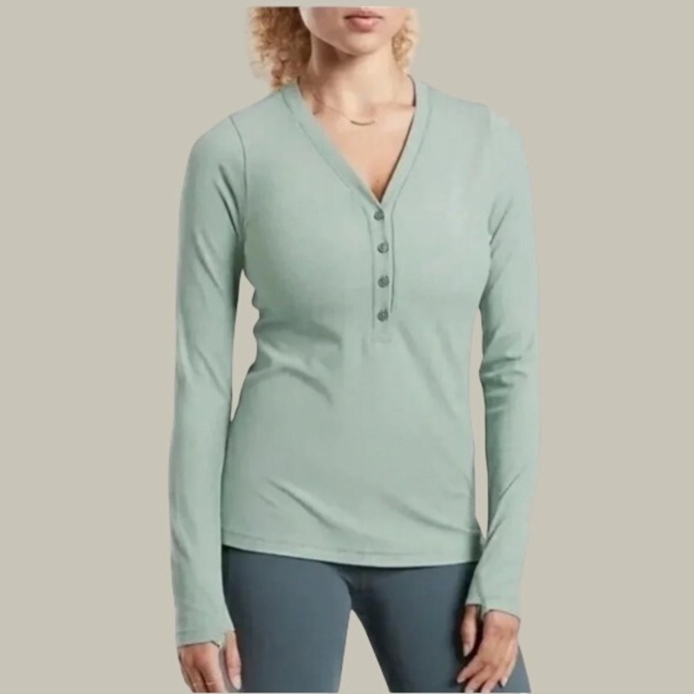 Athleta Uptempo Ribbed Henley Top Womens XS Blue Green Thumbholes Layering Yoga